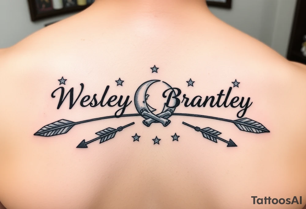 Name tattoo with Wesley Brantley Logan with arrows infinity moon and stars tattoo idea