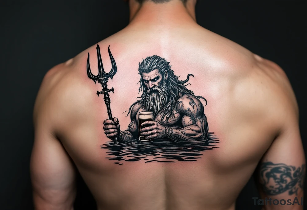 poseidon, with a trident, in calm water, holding a beer tattoo idea