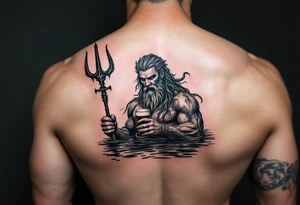poseidon, with a trident, in calm water, holding a beer tattoo idea