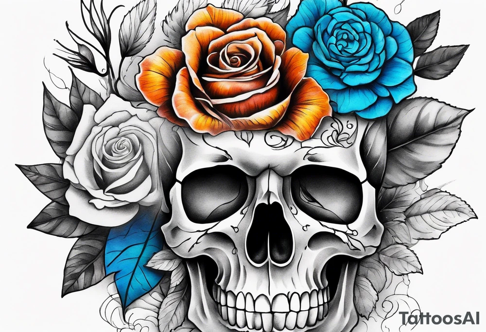 Front knee tattoo with fall colors, small flowers, rose, style skull, leaves, blue water flows with washes and background tattoo idea