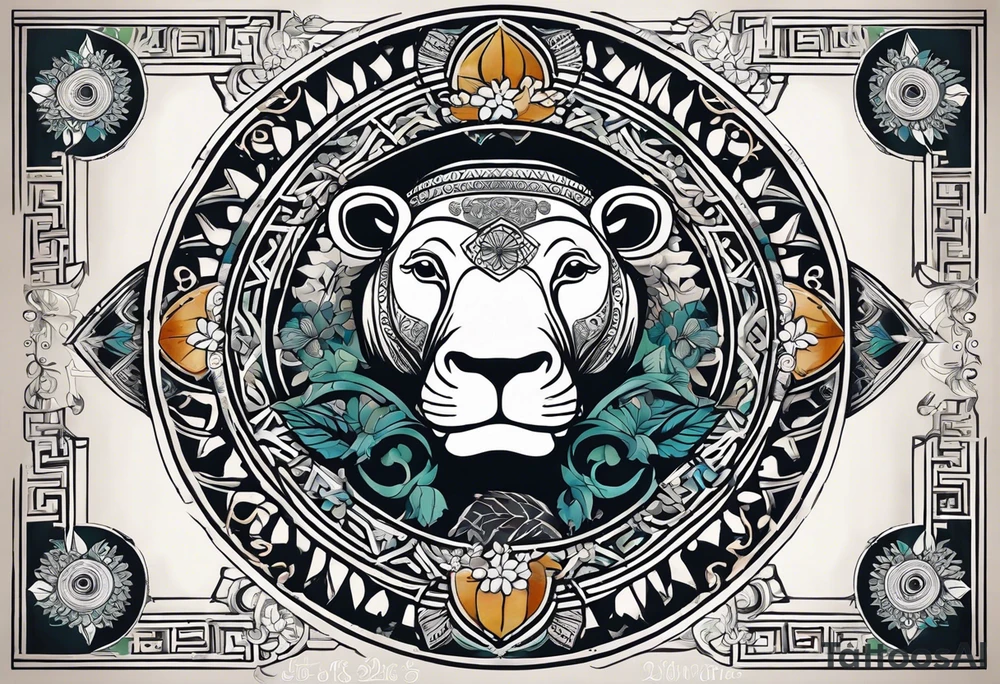 A foot long 2.5inches wide portrait orientation tattoo, containing a detailed hippo head with tribal patterns in the middle, a full moon on the upper side, and some wintersweet flowwer on the bottom side, these three components are connected with arches, lines, little geometric patterns, the lines will ne fine and narrow tattoo idea