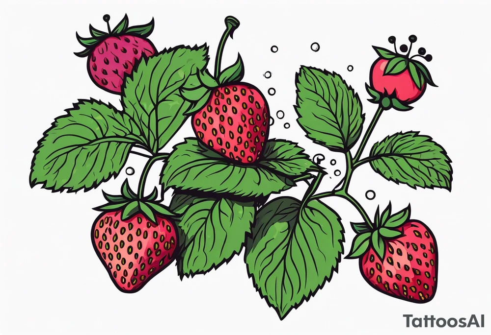 Strawberry plants, raspberry plants, blackberry plants with flowers in bold colors tattoo idea