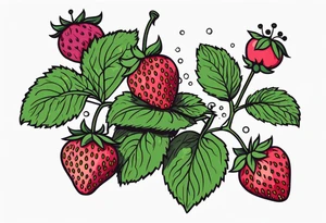 Strawberry plants, raspberry plants, blackberry plants with flowers in bold colors tattoo idea