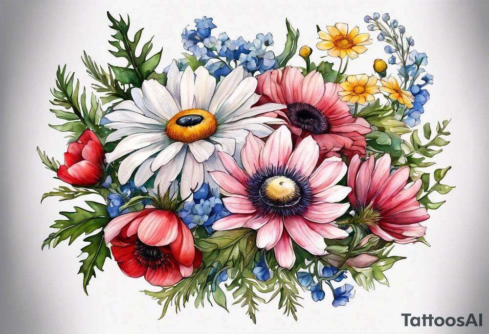 an oval of wildflowers cascading with thistles, ferns, white anemones, sun flowers, buttercups, pink flowers, red flowers, babys breath and daisies all in watercolor tattoo idea