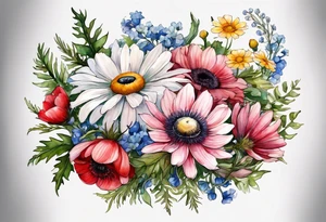 an oval of wildflowers cascading with thistles, ferns, white anemones, sun flowers, buttercups, pink flowers, red flowers, babys breath and daisies all in watercolor tattoo idea
