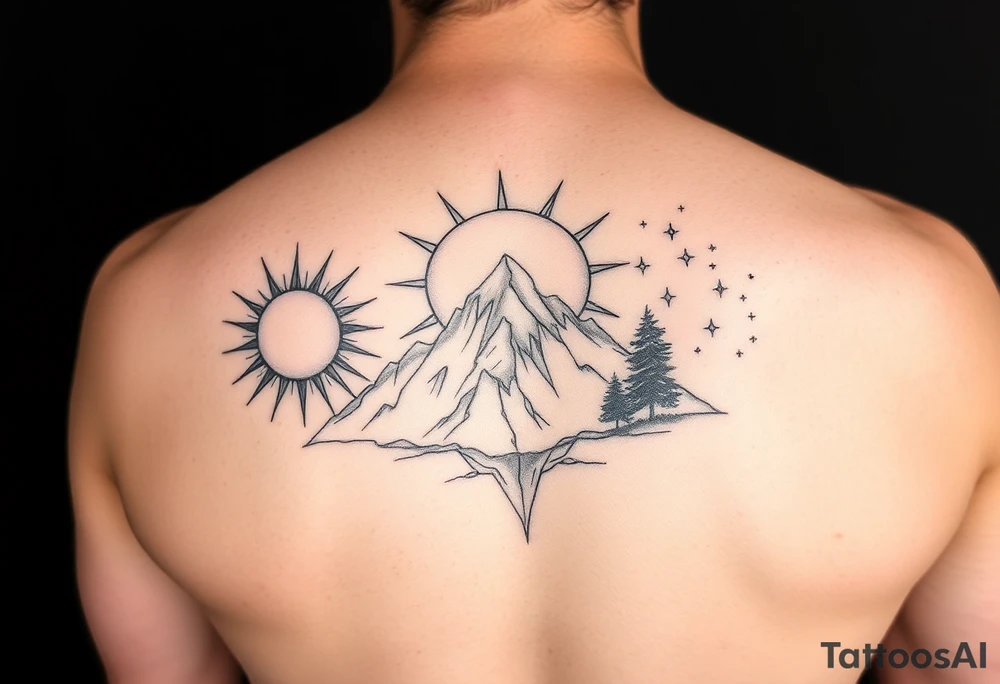 sun, moon, stars, mountain, tree. tattoo idea