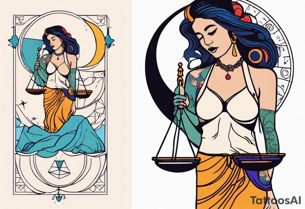 Libra woman holding scales with a night zodiac background including a half moon that encircles half of the woman with vibrant colors tattoo idea