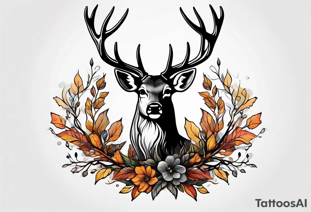 deer antlers flying away in leaves tattoo idea