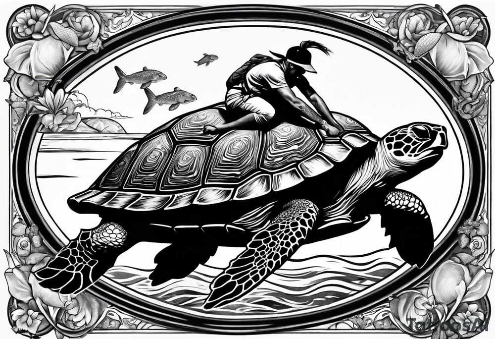 Bunny riding on a sea turtle tattoo idea