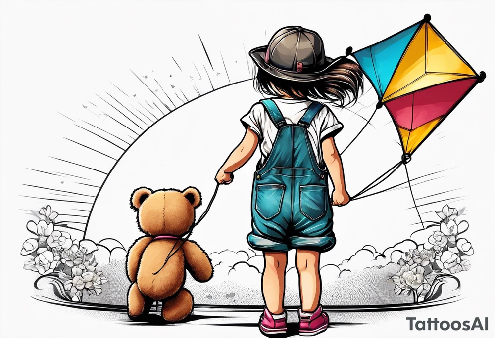 back image of a little girl flying a kite with a teddy bear wearing overalls standing beside her tattoo idea