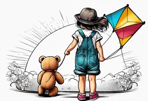 back image of a little girl flying a kite with a teddy bear wearing overalls standing beside her tattoo idea