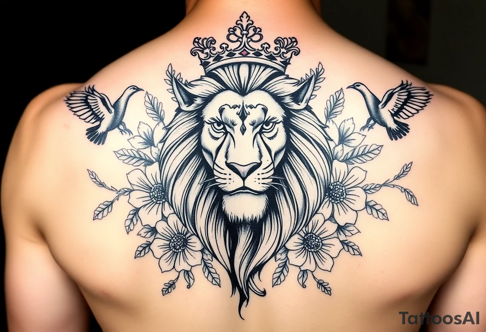 powerful majestic lion with a crown, surrounded by floral ornaments and birds tattoo idea