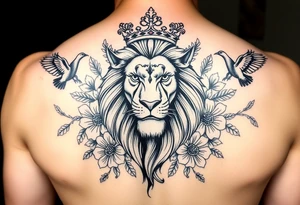 powerful majestic lion with a crown, surrounded by floral ornaments and birds tattoo idea