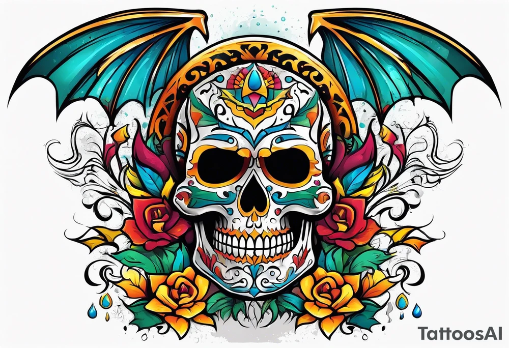 Colorful Mexican hieroglyph skull with bats and water tattoo idea