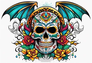 Colorful Mexican hieroglyph skull with bats and water tattoo idea