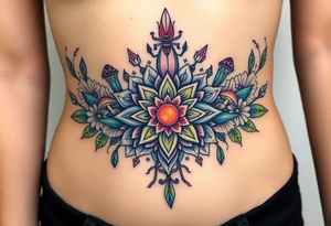 psychedelic  tattoo with crystals and  mandala style flowers and mushrooms bugs tattoo idea