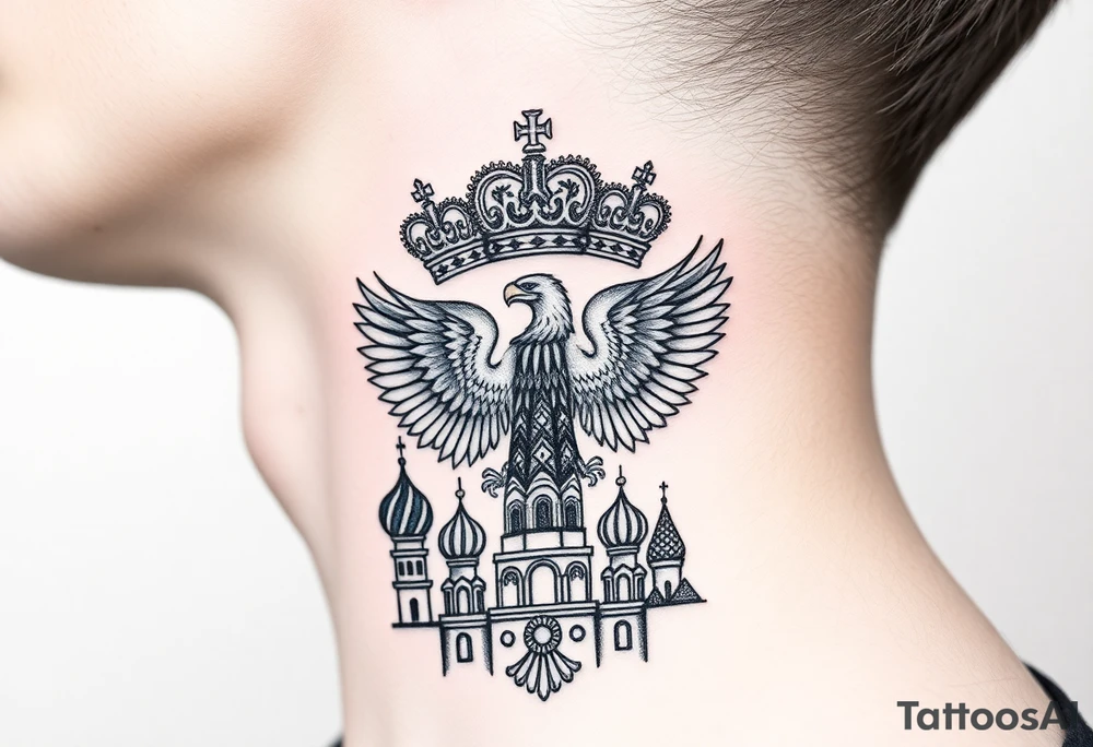 St. George, 3 russian imperial crowns above the Russian coat of arms double eagle and sitting above its wingspan sitting just above Kremlin or St. Basil's Cathedral scene  on the side of my neck tattoo idea