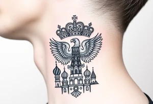 St. George, 3 russian imperial crowns above the Russian coat of arms double eagle and sitting above its wingspan sitting just above Kremlin or St. Basil's Cathedral scene  on the side of my neck tattoo idea
