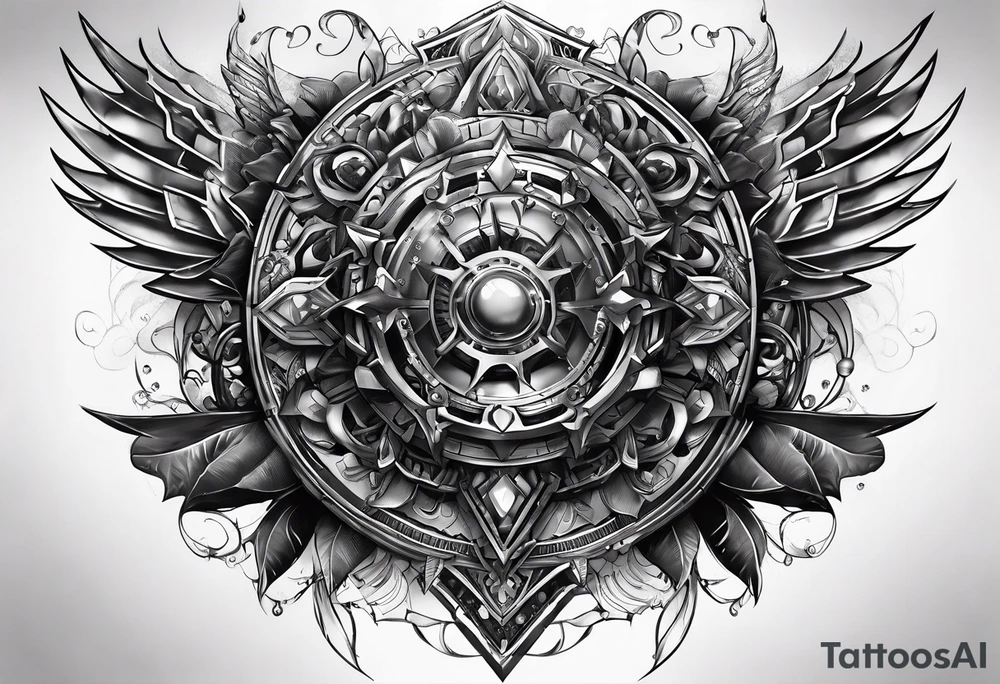 Ciberpunk sleeve tattoo, drawing energy from a power crystal at de left pectoral tattoo idea