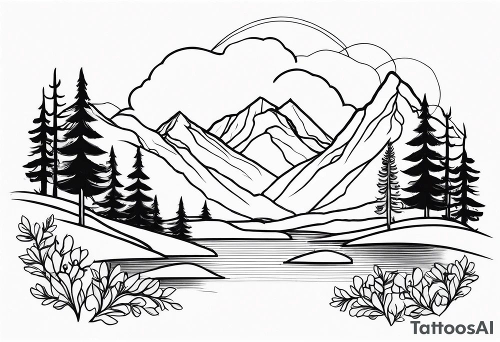 Mountains and trees with wildflowers tattoo idea