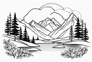 Mountains and trees with wildflowers tattoo idea