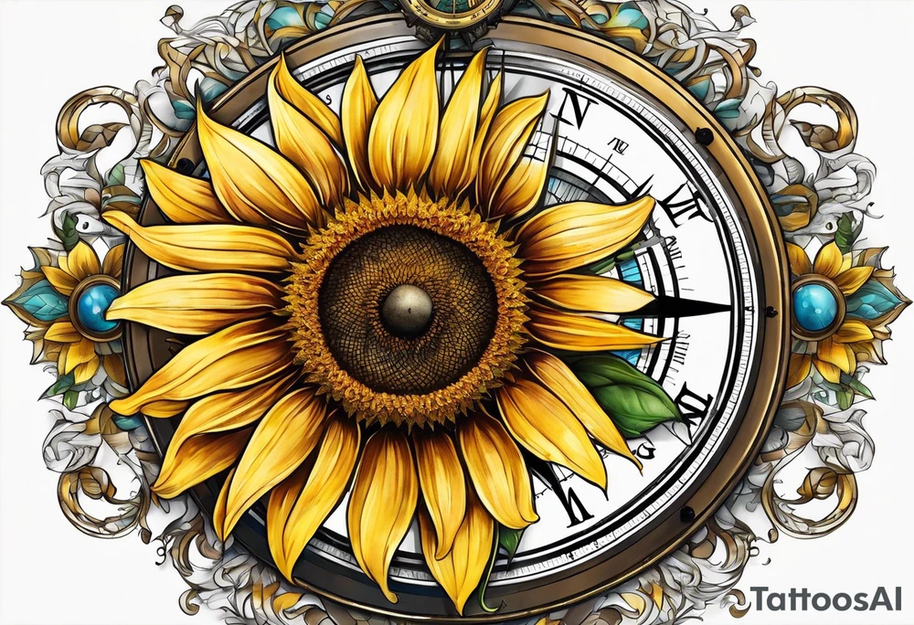 Sunflower next to a compass tattoo idea
