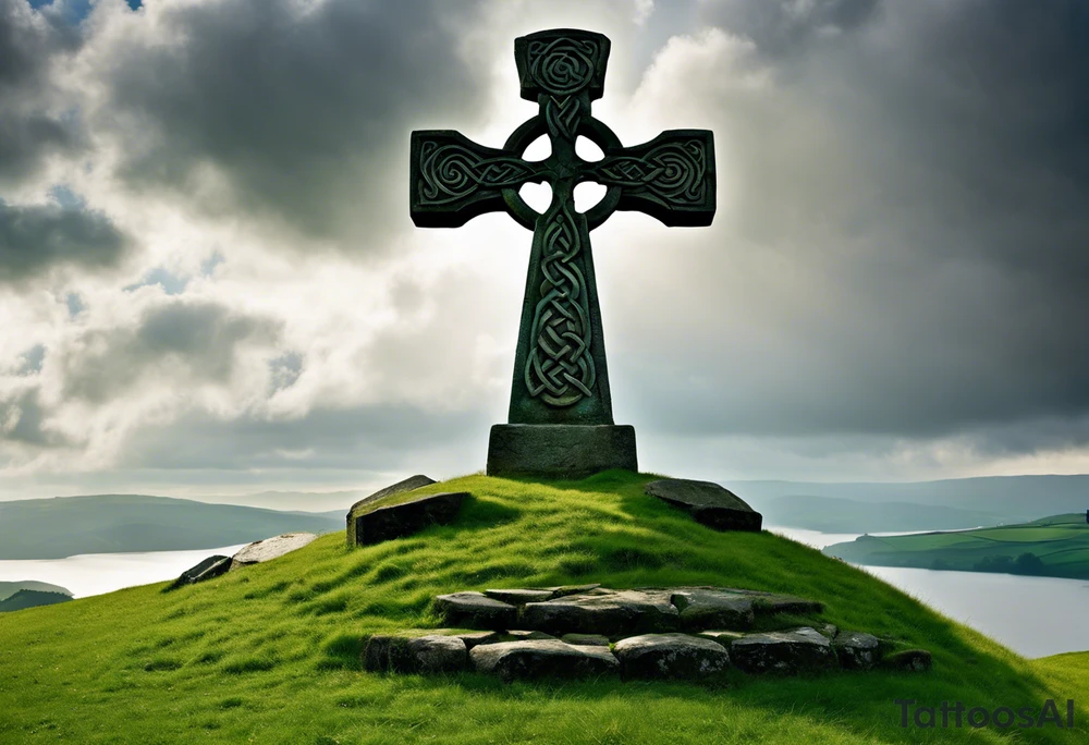 A large, weathered stone Celtic cross standing proudly atop a lush green hill, its four arms stretching skyward. The cross is intricately carved with intertwining knots and spirals, reflecting the artistry of the ancient Celts. A large raven sits perched at the intersection of the cross's arms, its ebony feathers gleaming in the soft light. The bird's eyes seem to hold a wisdom beyond its years, as if it has been witness to countless generations come and gone. tattoo idea