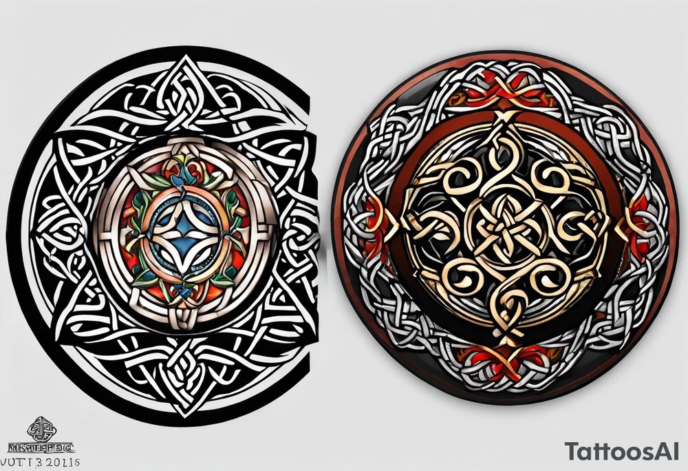 Small circular 3d colored shoulder Celtic tattoo tattoo idea