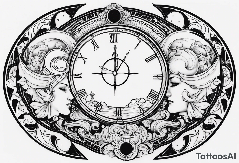 Janus, timeless clock, Aquarius, moon tattoo idea