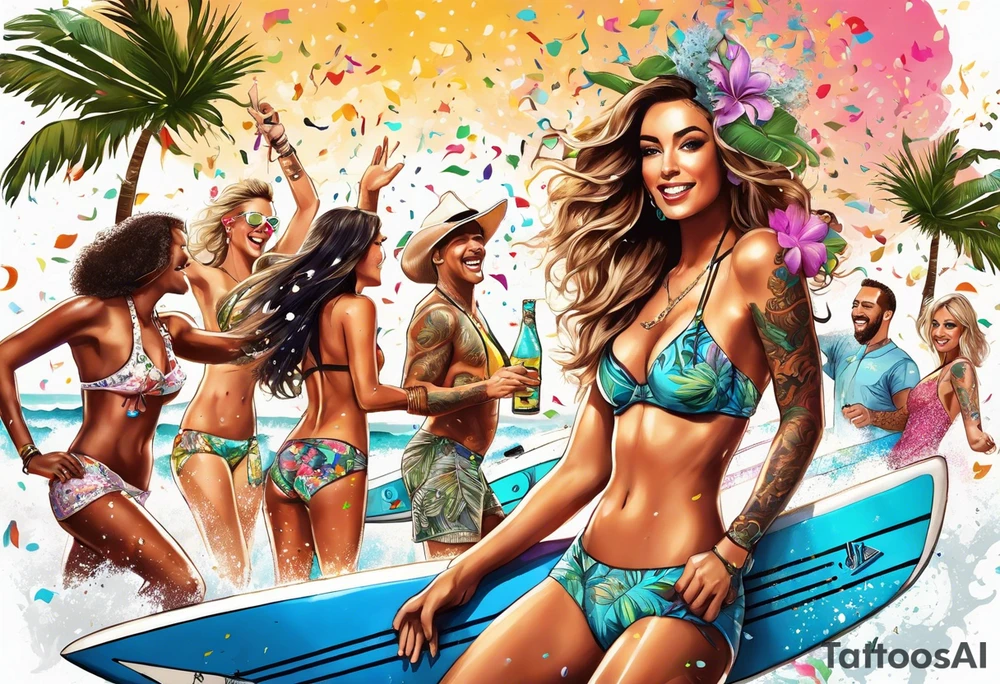 SURFING SAFARI BEACH DANCE 
PARTY WITH CONFETTI AND MUSIC NOTES, TROPICAL DRINKS, SEXY BIKINIS tattoo idea