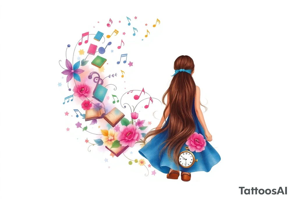 Back view of the silhouette of a brown hair girl in a blue dress. She is following a magical colorful swirl of music notes, books, and flowers. A pocket watch is at the end of the swirl. tattoo idea