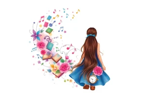 Back view of the silhouette of a brown hair girl in a blue dress. She is following a magical colorful swirl of music notes, books, and flowers. A pocket watch is at the end of the swirl. tattoo idea