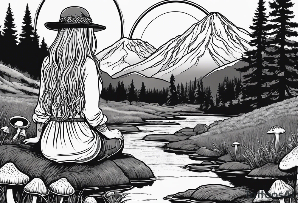 Whole picture encircled fully

Straight long blonde hair hippie girl in distance holding mushrooms in hand facing away toward mountains and creek surrounded by mushrooms long sleeve shirt and hiking pants; whole rendering within a full celtic circle border, no cut off circle tattoo idea