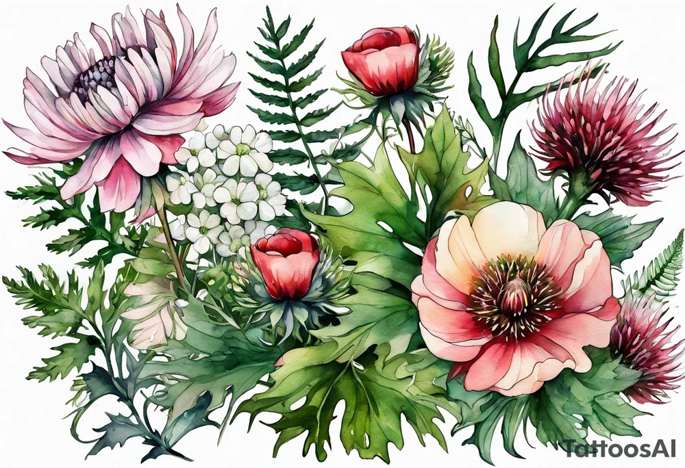 wildflowers with thistles, ferns, white flowers, cream flowers, green flowers, pink flowers, red flowers, berries and all in watercolor tattoo idea