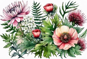 wildflowers with thistles, ferns, white flowers, cream flowers, green flowers, pink flowers, red flowers, berries and all in watercolor tattoo idea