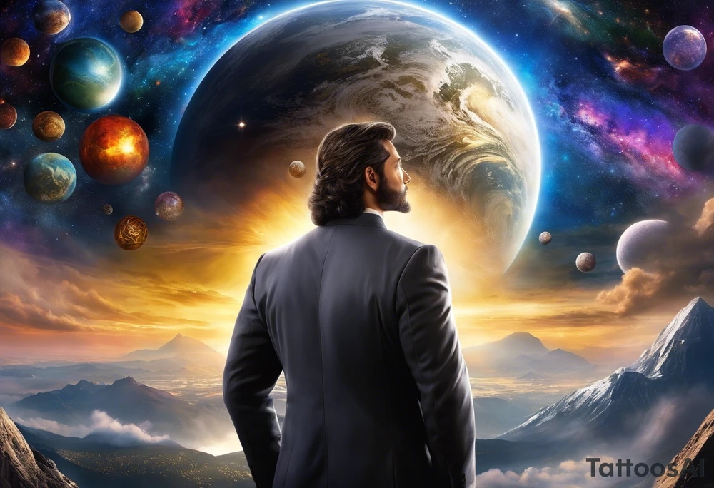 Jehovah looking out at the marvels of his creation from the atoms to the galaxy and celestial beings. With grey wash and a fantasy theme. Jehovah has to be a character who is so majestic, charismatic, immensely powerful. There isnt a single thing he isnt capable of doing. Infinitely powerful forward facing. Without the pagan styled attire and without the pagan symbols etcetera tattoo idea