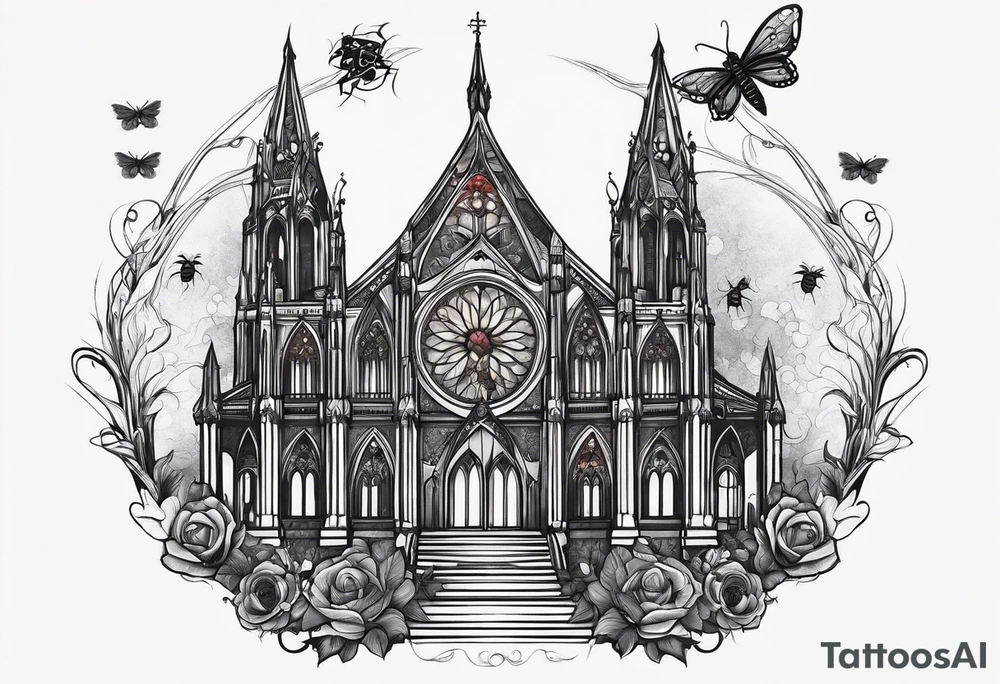 Gothic cathedral with beauty girl face with horror eyes and insects tattoo idea