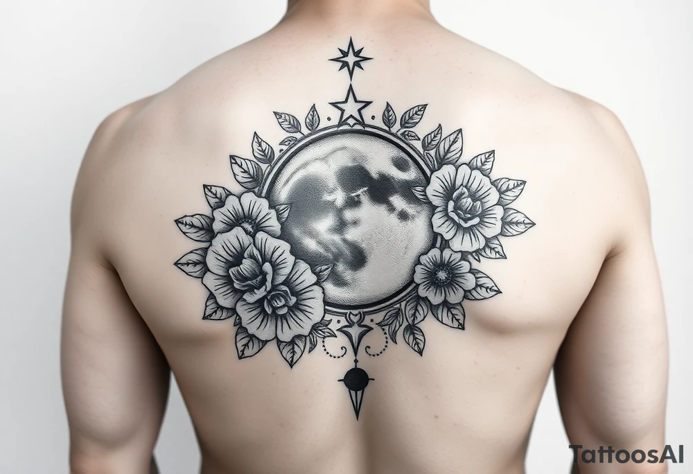 Flower sleeve surrounded by moon and star design for arm tattoo idea