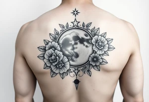 Flower sleeve surrounded by moon and star design for arm tattoo idea
