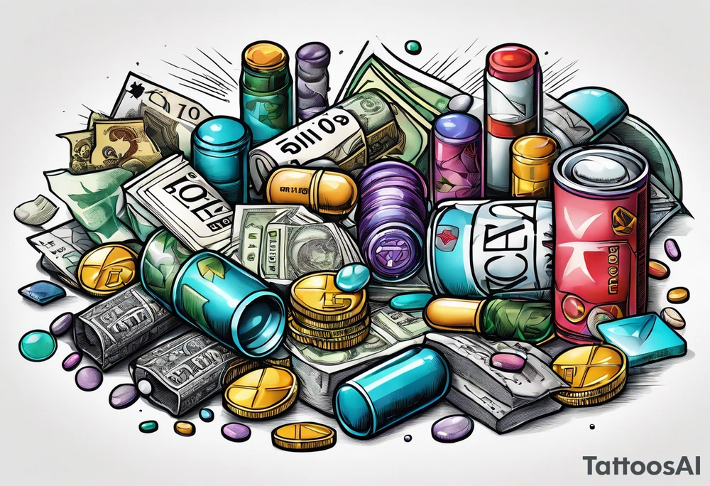 pills, drugs, euro bank notes, bank cheques, police, walkietalkies tattoo idea