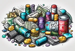 pills, drugs, euro bank notes, bank cheques, police, walkietalkies tattoo idea