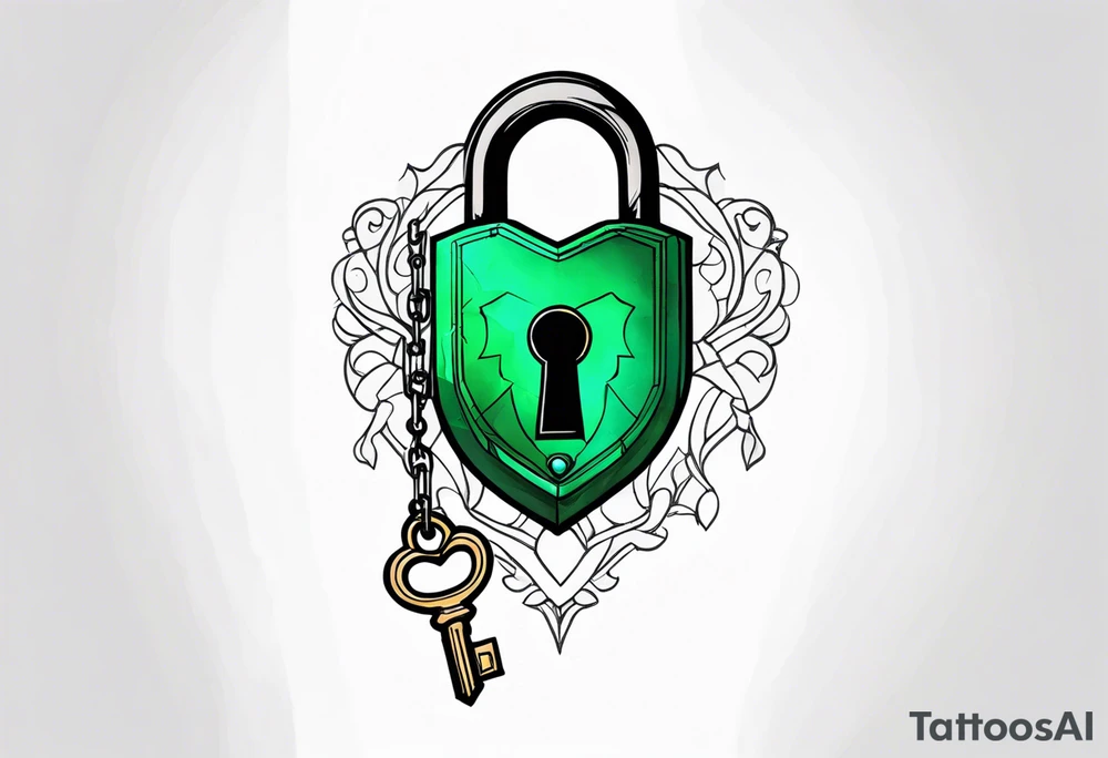 Lock and key with emerald stone tattoo idea