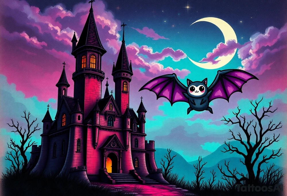 Tim Burton’s haunted castle is abandoned and dripping with muted reds, dusty pinks, and eerie green glow.purple and cyan smokey clouds swirl in the crescent moonlit sky thats sprinkled with stars under the castle an adorable kawaii bat spreads its wings tattoo idea tattoo idea