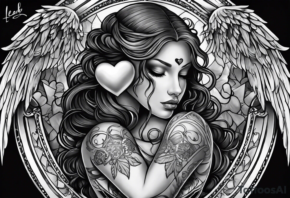 Tattoo drawing in black and grey of an angel holding a heart in both her arms, name Leah is written in gothic letters. tattoo idea