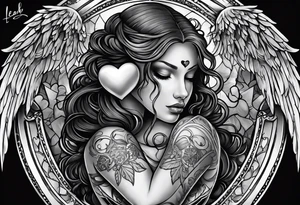Tattoo drawing in black and grey of an angel holding a heart in both her arms, name Leah is written in gothic letters. tattoo idea