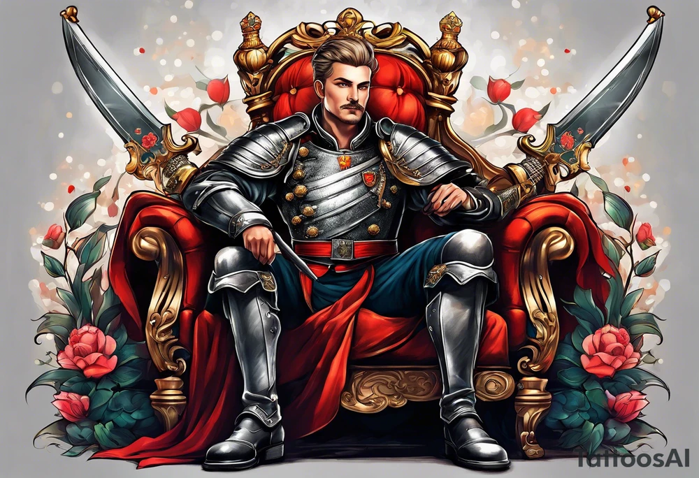 a german prince is dressed as a solider and sitting on a throne with a sceptor in one hand and a knife in the other tattoo idea
