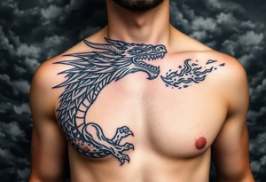 fierce dragon breathing iridescent fire against stormy skies tattoo idea