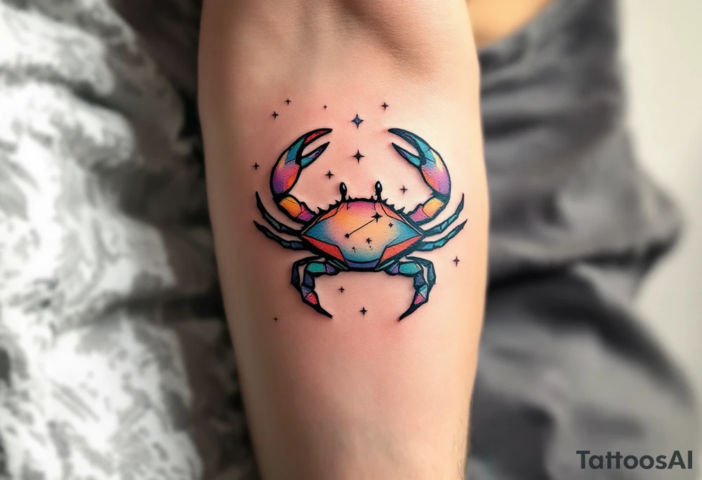 A tiny crab outlined in black anchors the Cancer star constellation traced in twinkling pastel stars. tattoo idea