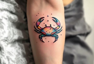 A tiny crab outlined in black anchors the Cancer star constellation traced in twinkling pastel stars. tattoo idea