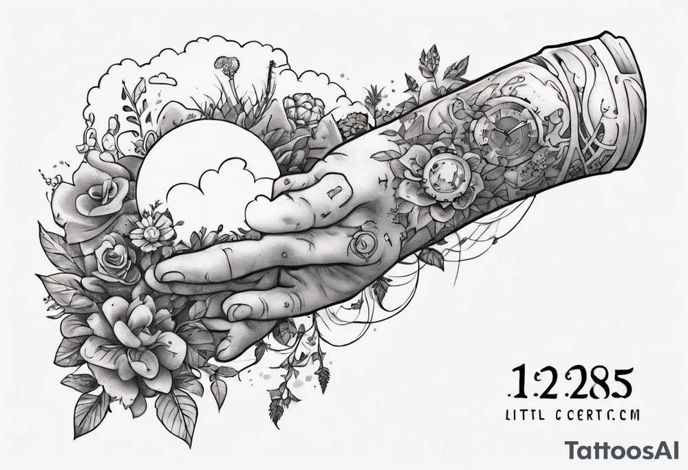 a forearm tattoo with a cloud with little plants and underneath it the date 12.08.05 tattoo idea